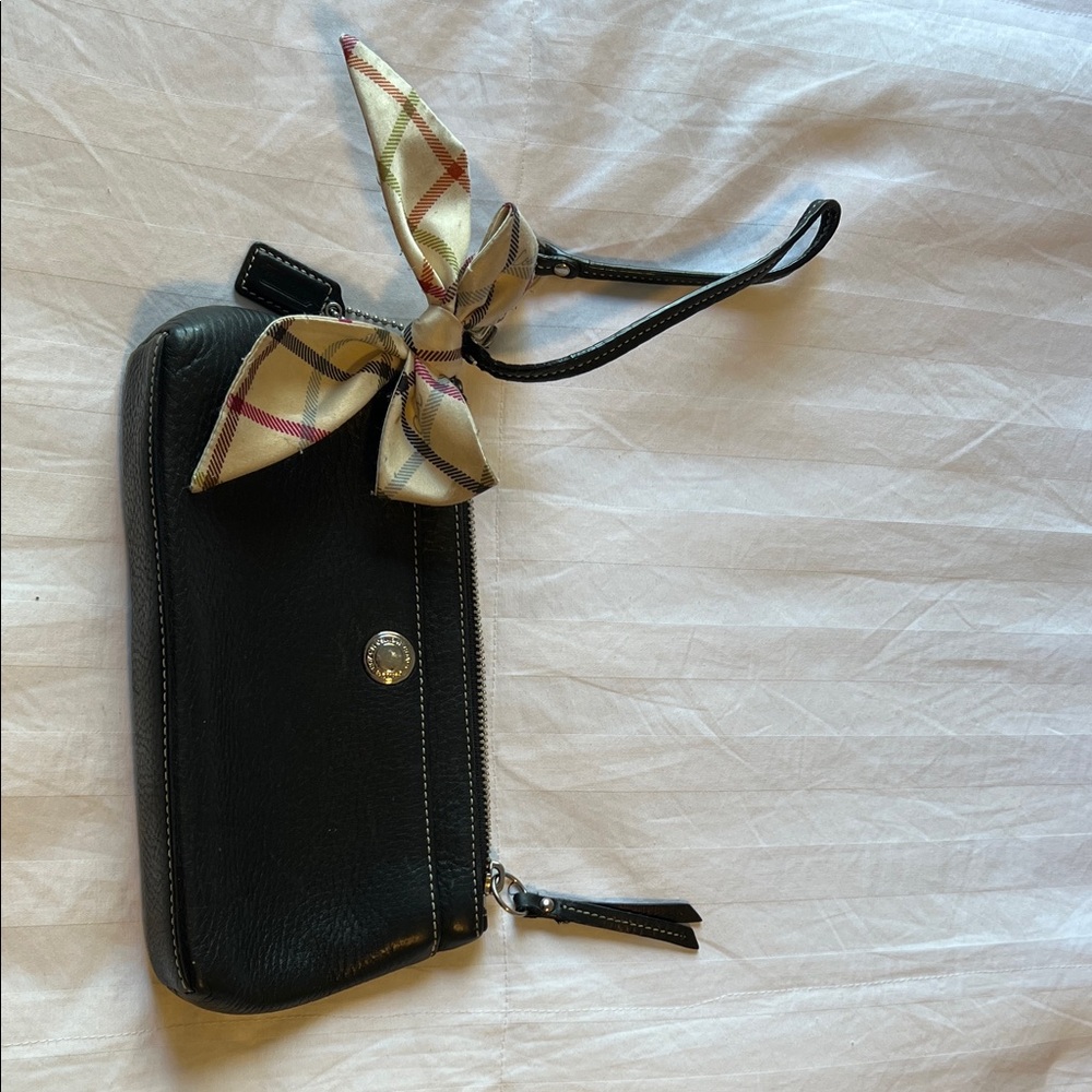 Coach Black Wristlet with Plaid Bow Accent